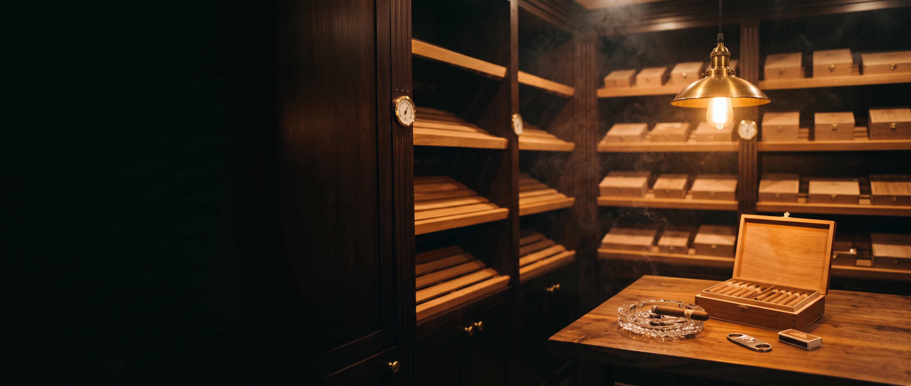 A private cigar vault with cedar shelves of boxes