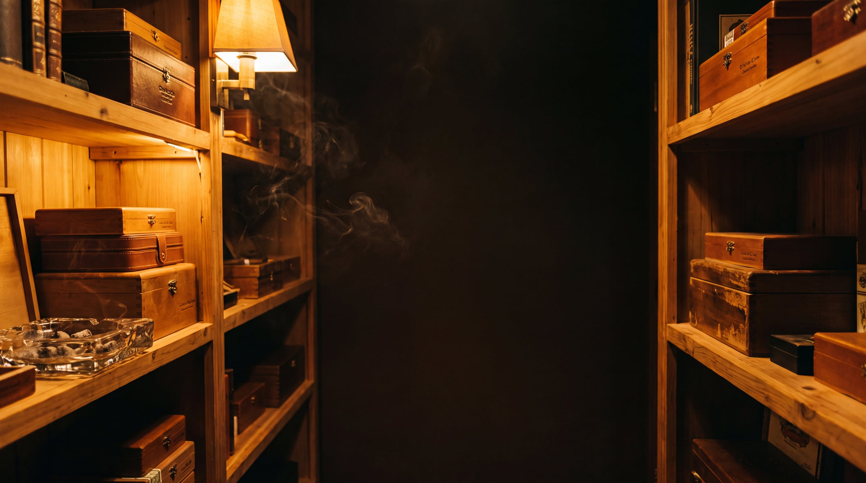 Cedar shelves of cigar boxes in a private humidor, lit by a single warm lamp